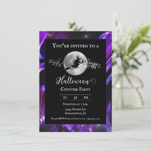 Paarse heks silhouet Halloween kostuumfeest Kaart (Staand voorkant)