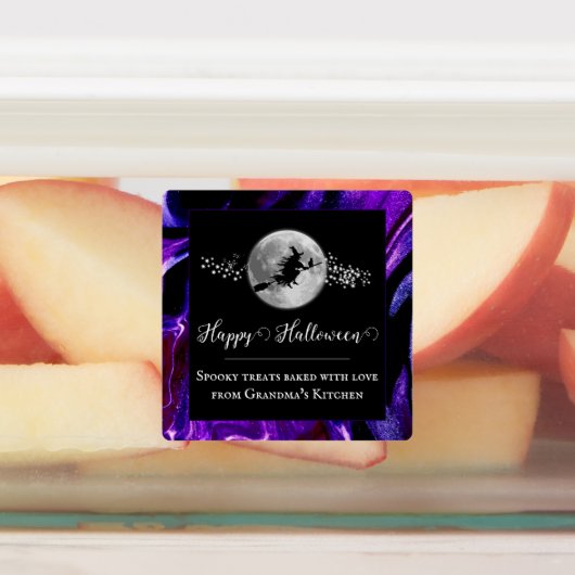 Paarse heks silhouet halloween labels (Aangebracht)