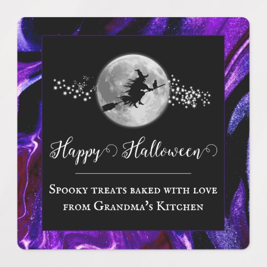 Paarse heks silhouet halloween labels (Design 1)