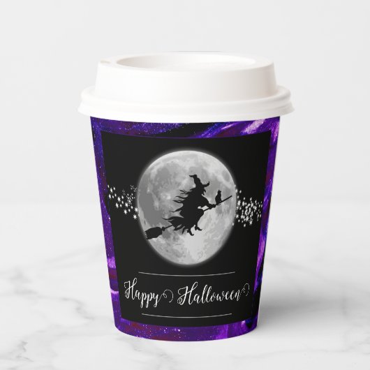 Paarse heks silhouet halloween papieren bekers (Achterkant)