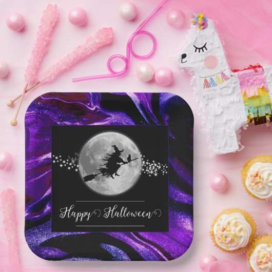 Paarse heks silhouet halloween papieren bordje (Feest)