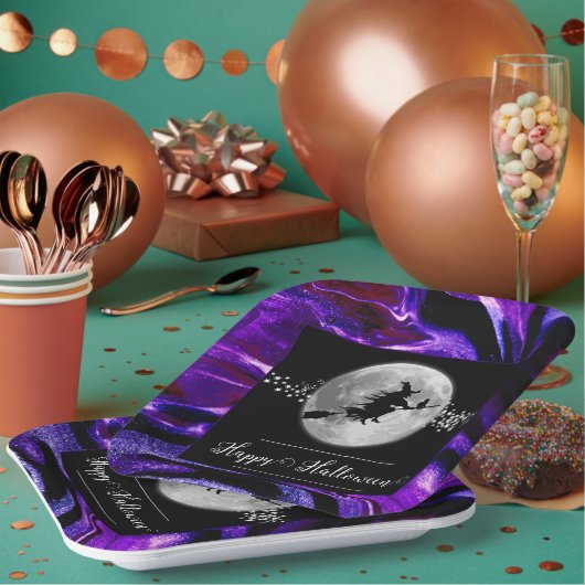 Paarse heks silhouet halloween papieren bordje (Multi)