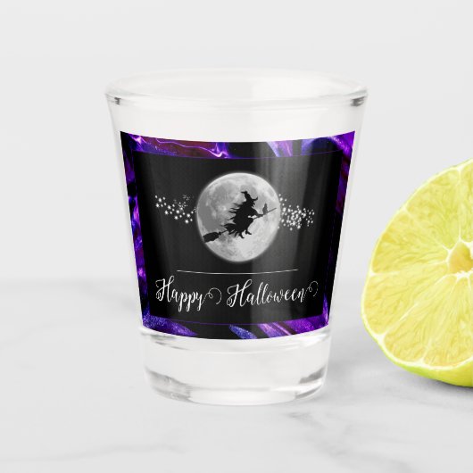 Paarse heks silhouet halloween shot glas (Voorkant)