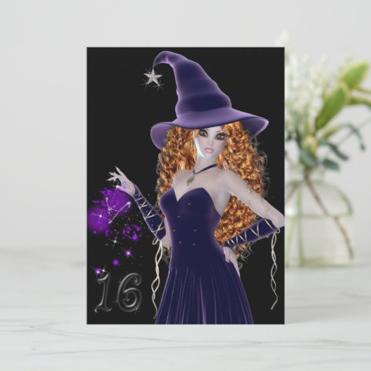 Paarse heks Sweet 16 uitnodiging (Staand voorkant)