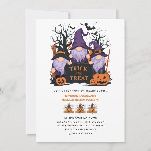 Paarse heks Trick or treat Halloween Party Kaart (Voorkant)