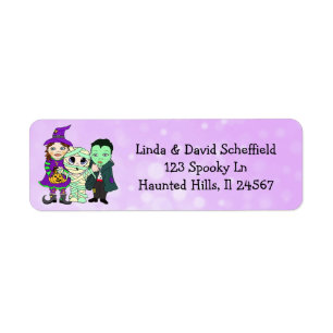 Paarse heks, vampier en mama Halloween Etiket