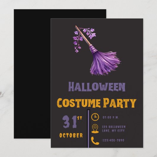  Paarse heksen bezemsteel zwart Halloween Kaart (Voorkant / Achterkant)