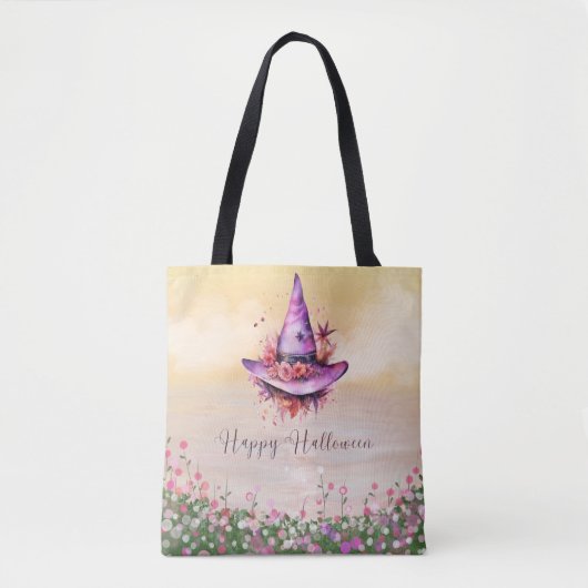 Paarse heksen Pet Abstracte bloemen Halloween Tote Bag (Voorkant)