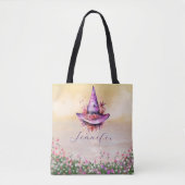 Paarse heksen Pet Abstracte bloemen Halloween Tote Bag (Voorkant)