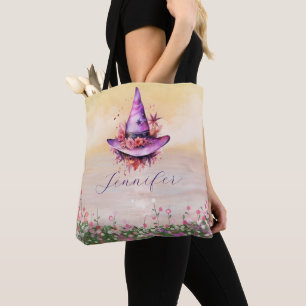 Paarse heksen Pet Abstracte bloemen Halloween Tote Bag