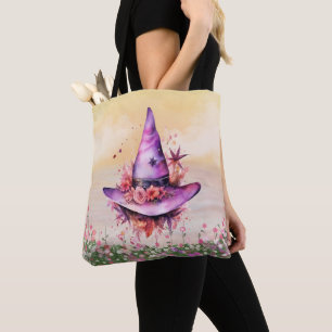 Paarse heksen Pet Abstracte bloemen Halloween Tote Bag
