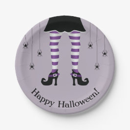 Paarse Heksenbenen En Spinnen Gelukkig Halloween Papieren Bordje