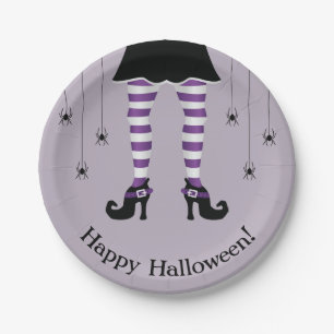 Paarse Heksenbenen En Spinnen Gelukkig Halloween Papieren Bordje