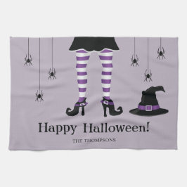 Paarse Heksenbenen Met Een Hoed En Spinnen Hallowe Theedoek