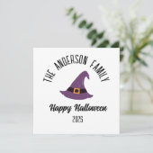 Paarse Heksenhoed met Persoonlijke Naam voor Hallo Feestdagenkaart (Staand voorkant)