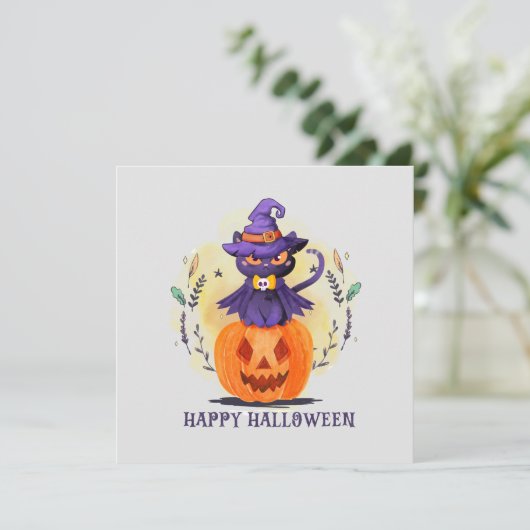 Paarse heksenkat op pompoen - Happy Halloween (Staand voorkant)
