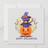 Paarse heksenkat op pompoen - Happy Halloween (Voorkant)