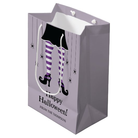 Paarse heksenpoten en spinnen blij Halloween tekst Medium Cadeauzakje (Voorkant Gekanteld)