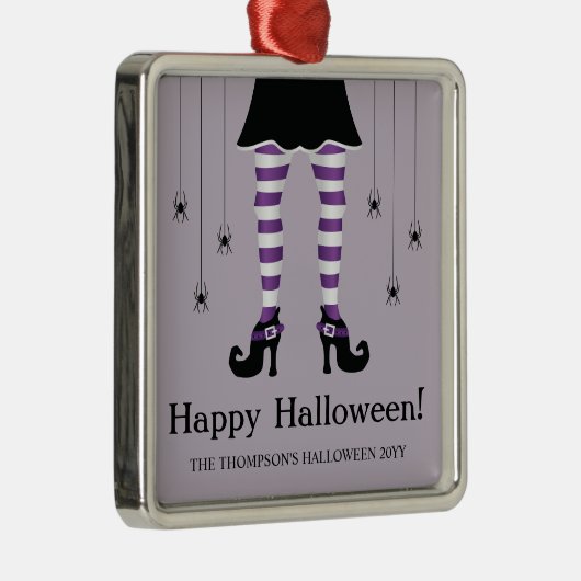 Paarse heksenpoten en spinnen blij Halloween tekst Metalen Ornament (Rechts)