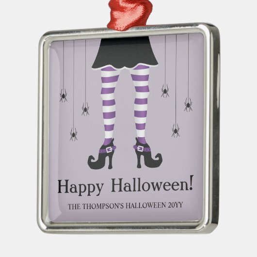 Paarse heksenpoten en spinnen blij Halloween tekst Metalen Ornament (Links)