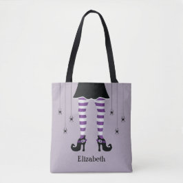Paarse heksenpoten en spinnen met naam Halloween Tote Bag