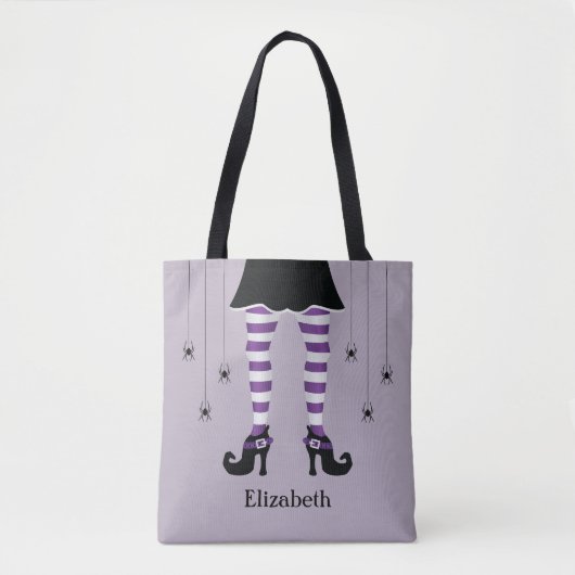 Paarse heksenpoten en spinnen met naam Halloween Tote Bag (Voorkant)