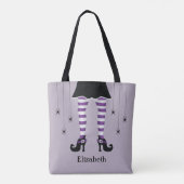 Paarse heksenpoten en spinnen met naam Halloween Tote Bag (Achterkant)