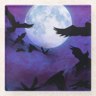 PAARSE HEMEL VOLLE MAAN ZWARTE HALLOWEEN KRAAIEN GLAZEN ONDERZETTER