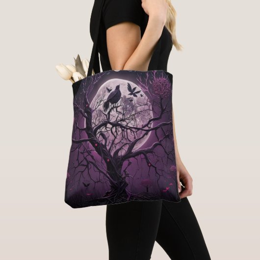Paarse hemel Volle Maan Zwarte Vogels Halloween Tote Bag (Dichtbij)
