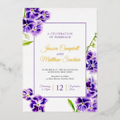 Paarse hemelbloem en gouden zomerbruiloft folie uitnodiging (Voorkant)