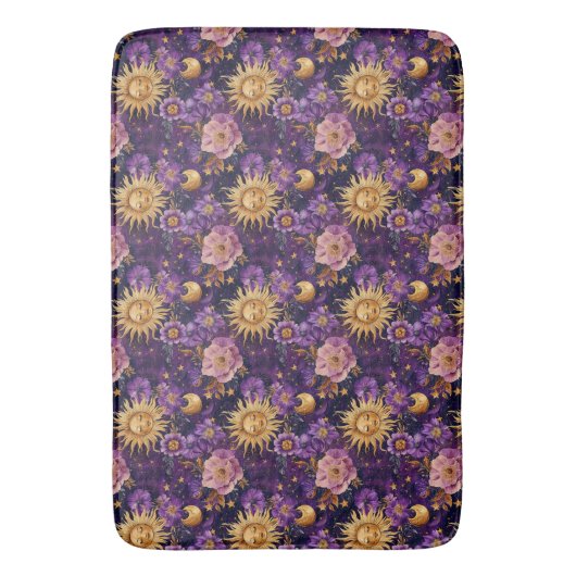 Paarse Hemelse Bloemen Zon Maan en Sterren Badmat (Voorkant Verticaal)