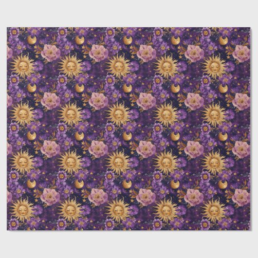 Paarse Hemelse Bloemen Zon Maan en Sterren Cadeaupapier (Vlak)