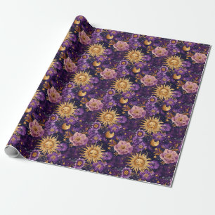 Paarse Hemelse Bloemen Zon Maan en Sterren Cadeaupapier