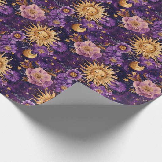 Paarse Hemelse Bloemen Zon Maan en Sterren Cadeaupapier (Hoek)