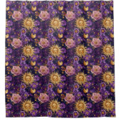 Paarse Hemelse Bloemen Zon Maan en Sterren Douchegordijn (Voorkant)