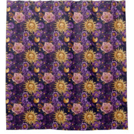 Paarse Hemelse Bloemen Zon Maan en Sterren Douchegordijn