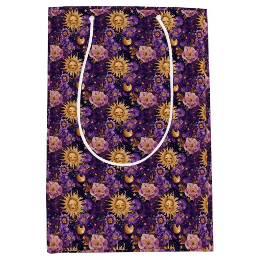 Paarse Hemelse Bloemen Zon Maan en Sterren Medium Cadeauzakje (Voorkant)