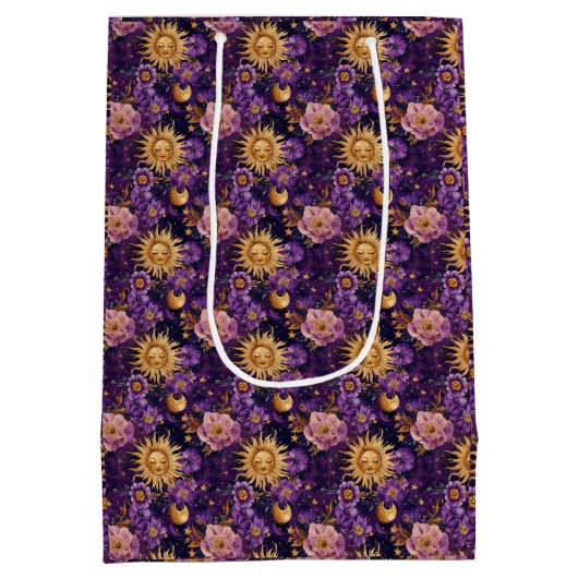 Paarse Hemelse Bloemen Zon Maan en Sterren Medium Cadeauzakje (Achterkant)