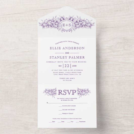 paarse heraldische krest, initialen bruiloft all in one uitnodiging (Binnen)