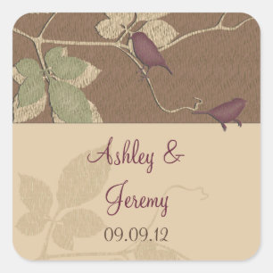 Paarse Herfst Birds Leaves Wedding Envelope Seal Vierkante Sticker