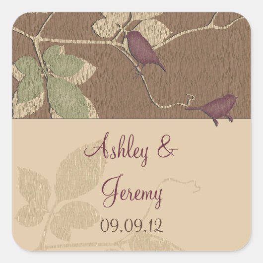 Paarse Herfst Birds Leaves Wedding Envelope Seal Vierkante Sticker (Voorkant)