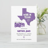 Paarse Herringbone Made in Texas Photo Baby Aankondiging (Staand voorkant)