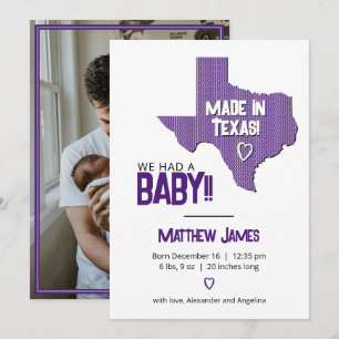 Paarse Herringbone Made in Texas Photo Baby Aankondiging