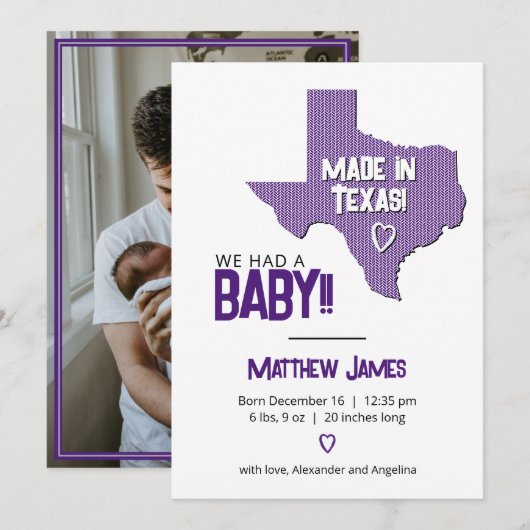 Paarse Herringbone Made in Texas Photo Baby Aankondiging (Voorkant / Achterkant)