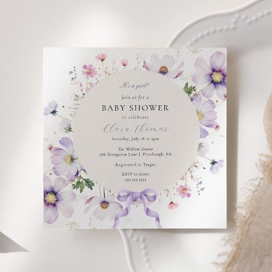 Paarse Het is een Meisje Bloemen Bow Baby shower Kaart