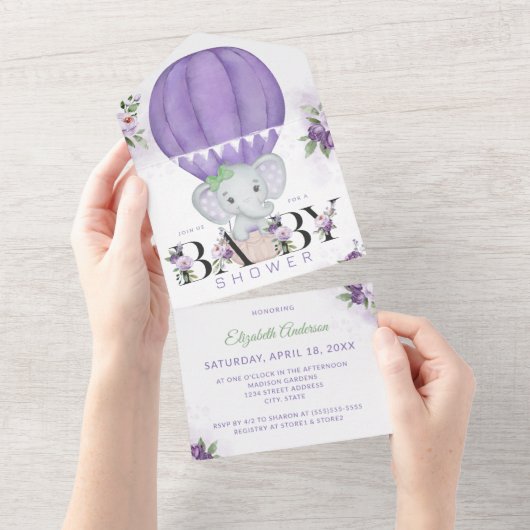 Paarse Hete Luchtballon Olifant Baby shower All In One Uitnodiging (Afscheurbaar)
