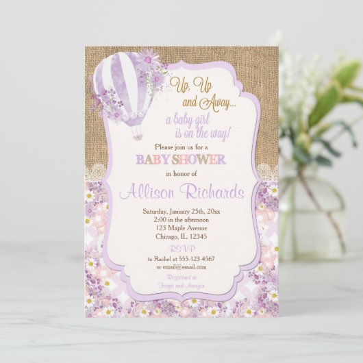 Paarse heteluchtballon meisje baby shower kaart (Staand voorkant)