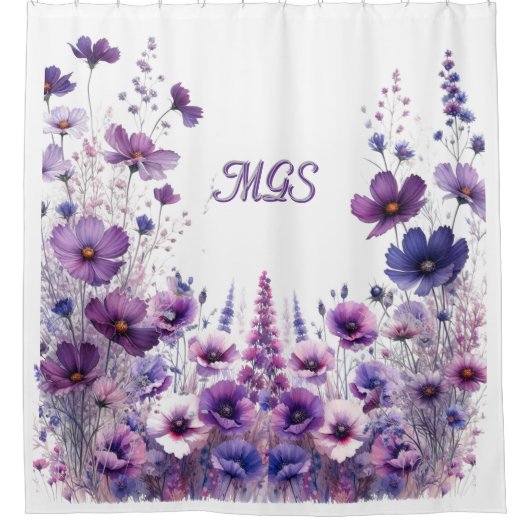 Paarse Hibiscus Bloemen Monogram Douchegordijn (Voorkant)