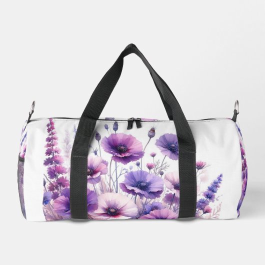 Paarse Hibiscus Bloemen op Witte Duffel Bag Plunjezak (Achterkant)