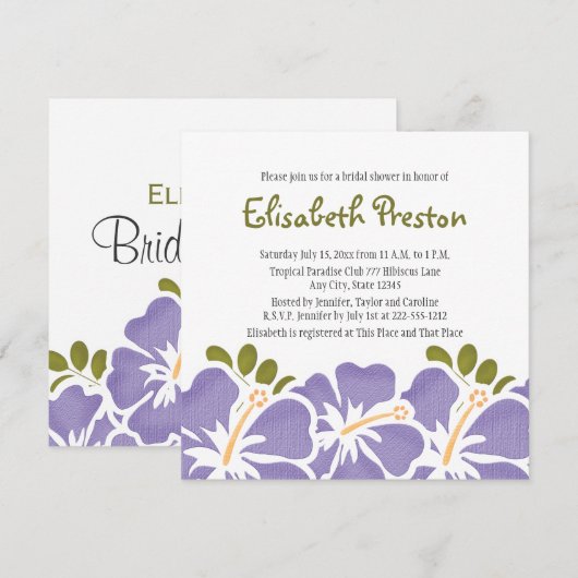 Paarse Hibiscus Bridal Shower Invitations Kaart (Voorkant / Achterkant)